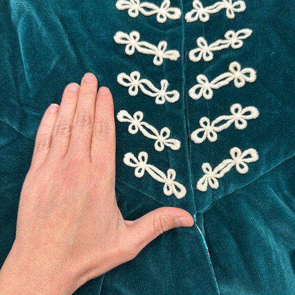 Vintage Green Velvet Jacket Top White Embellishments Handmade Renaissance Flared - Picture 5 of 8